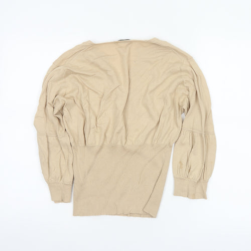 Linea Women Beige M Cotton Cashmere V-Neck Balloon Sleeve Jumper