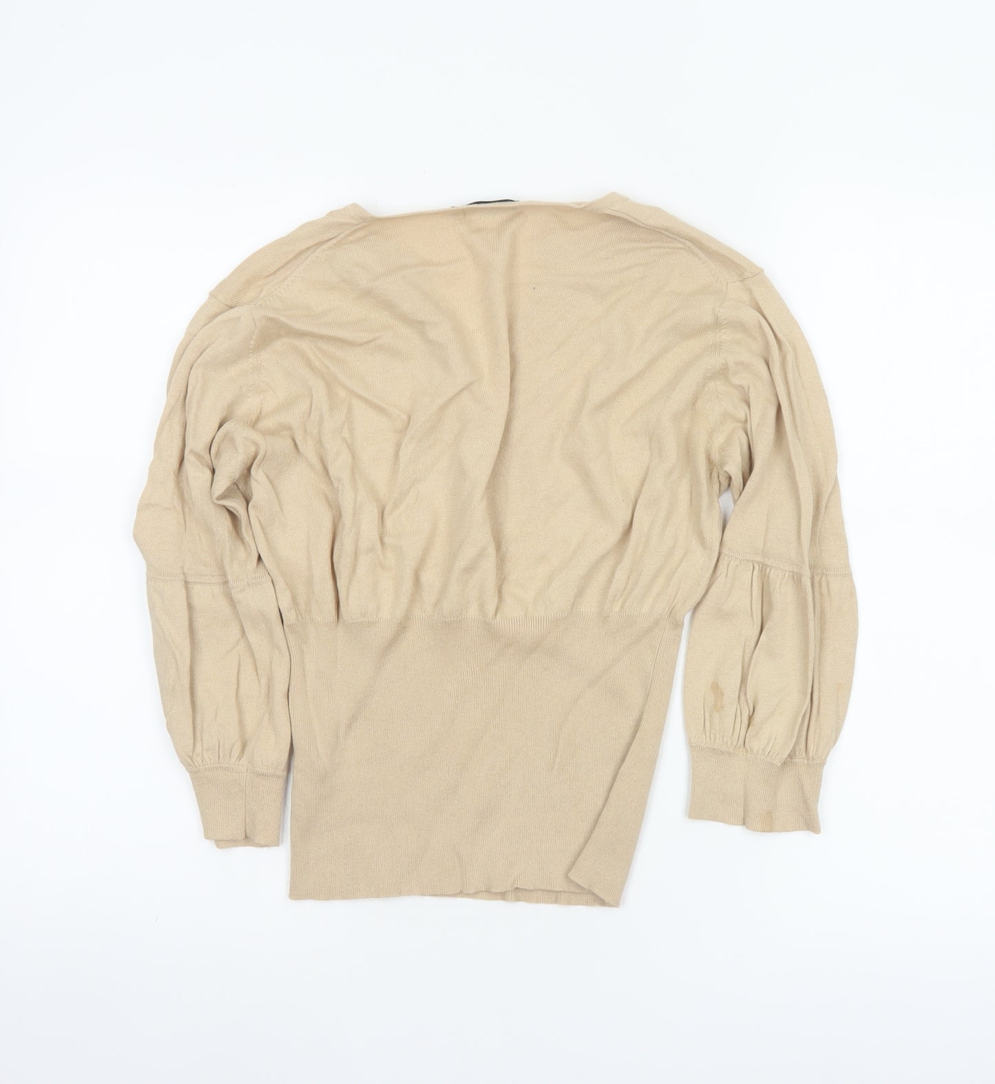 Linea Women Beige M Cotton Cashmere V-Neck Balloon Sleeve Jumper