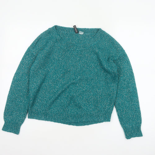 H&M Divided Women’s Teal Metallic Knit Jumper UK 8 Crew Neck