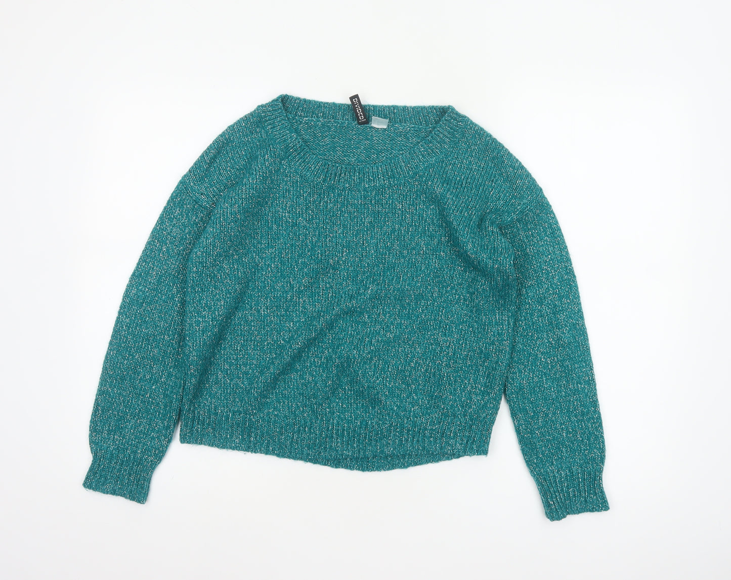 H&M Divided Women’s Teal Metallic Knit Jumper UK 8 Crew Neck