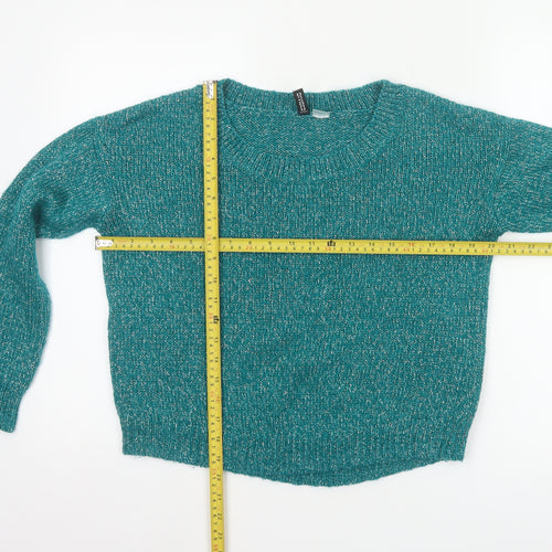 H&M Divided Women’s Teal Metallic Knit Jumper UK 8 Crew Neck