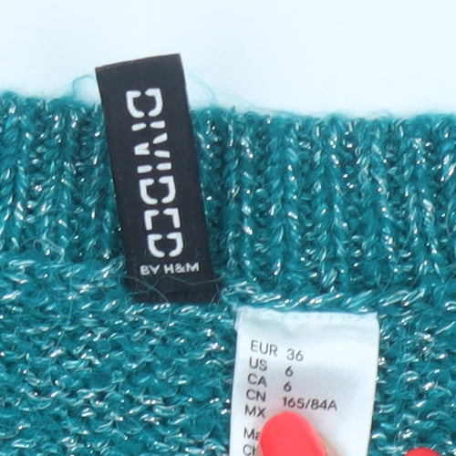 H&M Divided Women’s Teal Metallic Knit Jumper UK 8 Crew Neck