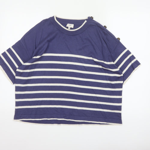 An'ge Women's Blue White Striped Knit M Short Sleeve Button Shoulder Jumper