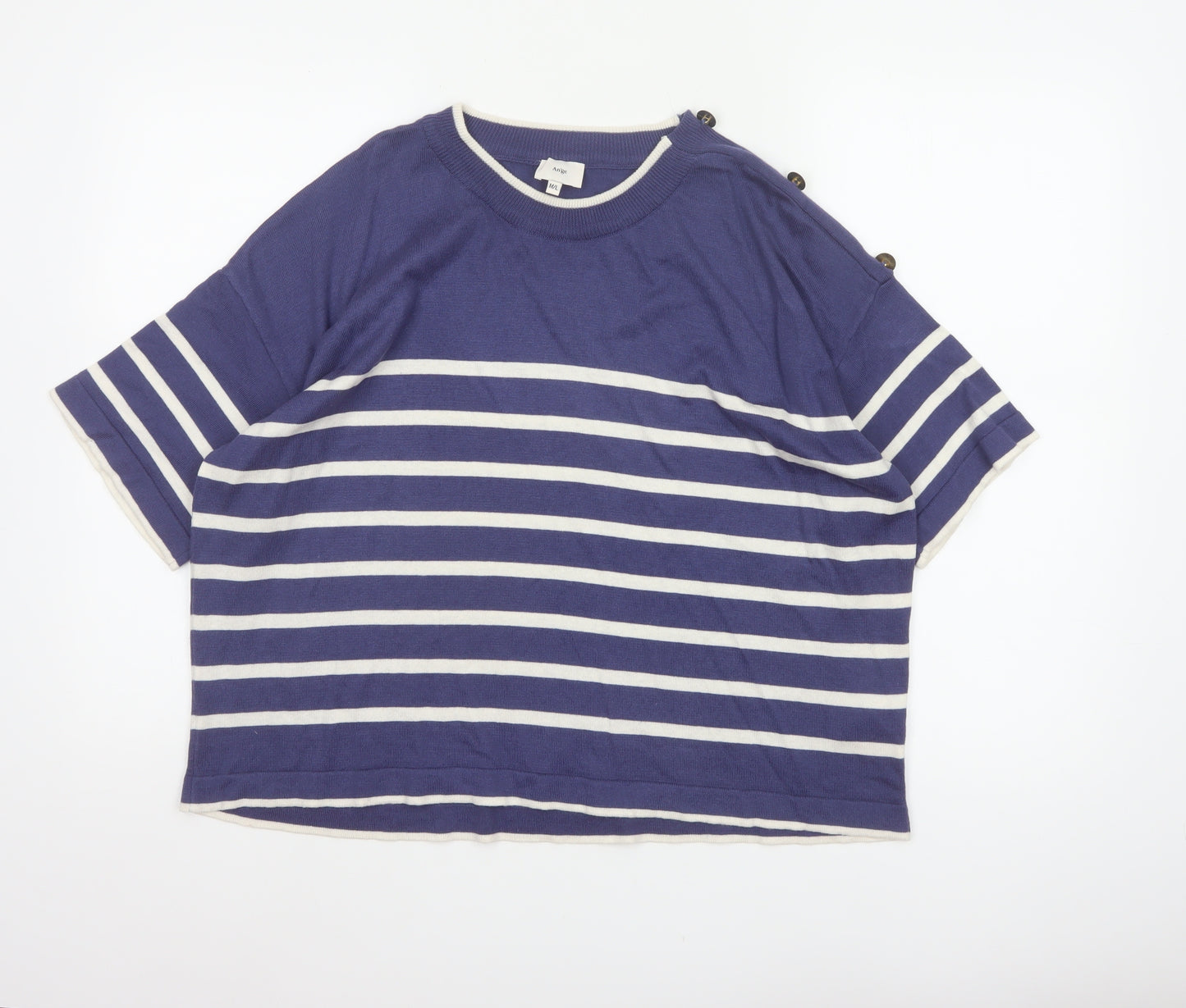 An'ge Women's Blue White Striped Knit M Short Sleeve Button Shoulder Jumper