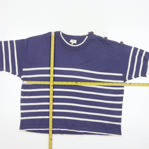 An'ge Women's Blue White Striped Knit M Short Sleeve Button Shoulder Jumper
