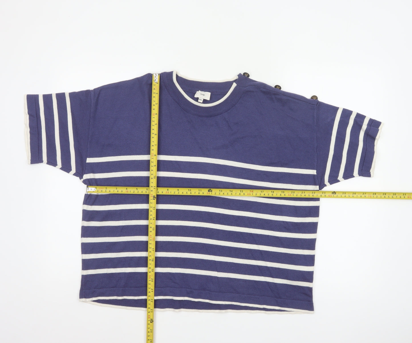 An'ge Women's Blue White Striped Knit M Short Sleeve Button Shoulder Jumper