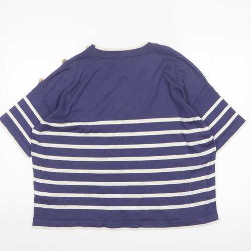 An'ge Women's Blue White Striped Knit M Short Sleeve Button Shoulder Jumper