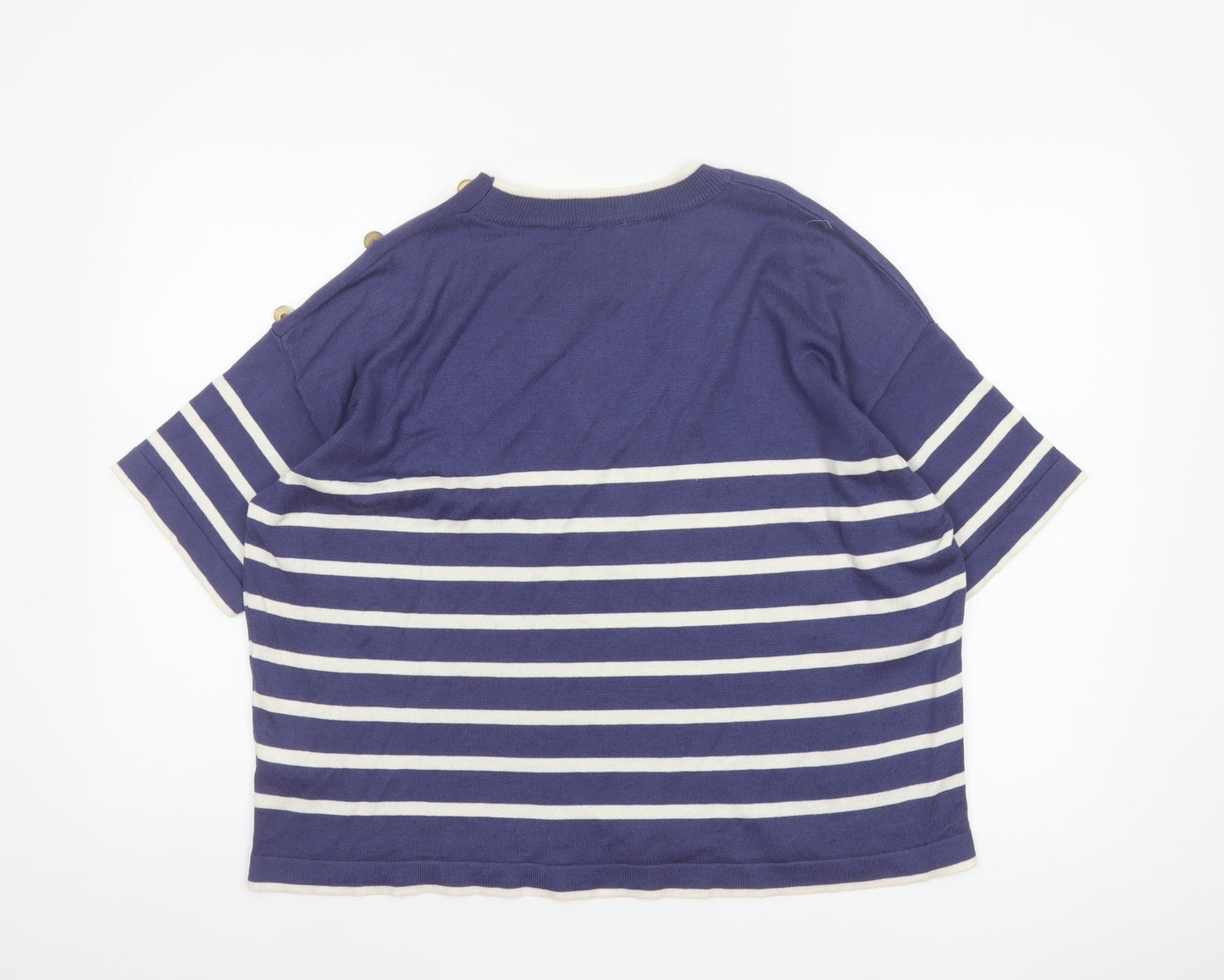 An'ge Women's Blue White Striped Knit M Short Sleeve Button Shoulder Jumper