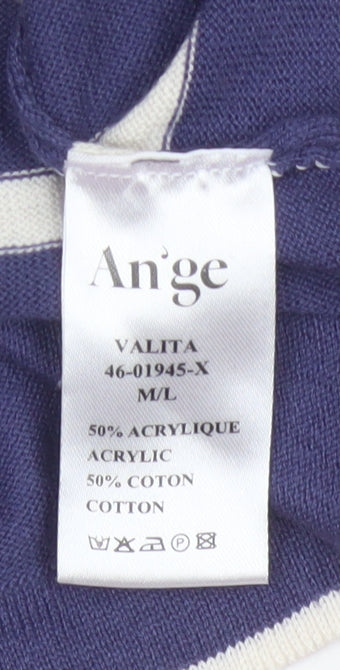 An'ge Women's Blue White Striped Knit M Short Sleeve Button Shoulder Jumper
