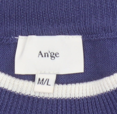 An'ge Women's Blue White Striped Knit M Short Sleeve Button Shoulder Jumper