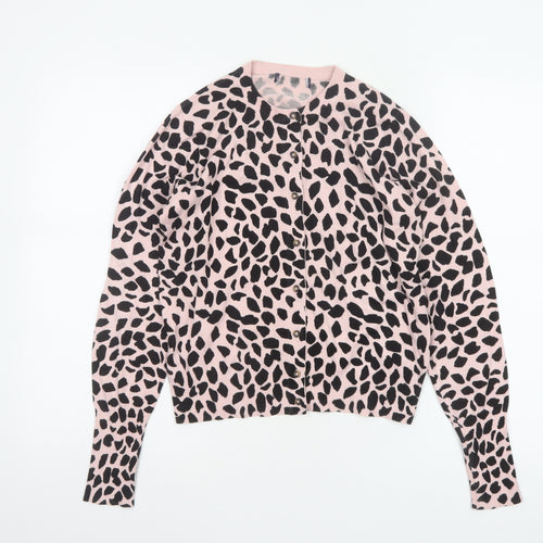 M&S Women Pink Leopard Print Button Cardigan UK 10 Long Sleeve Knit