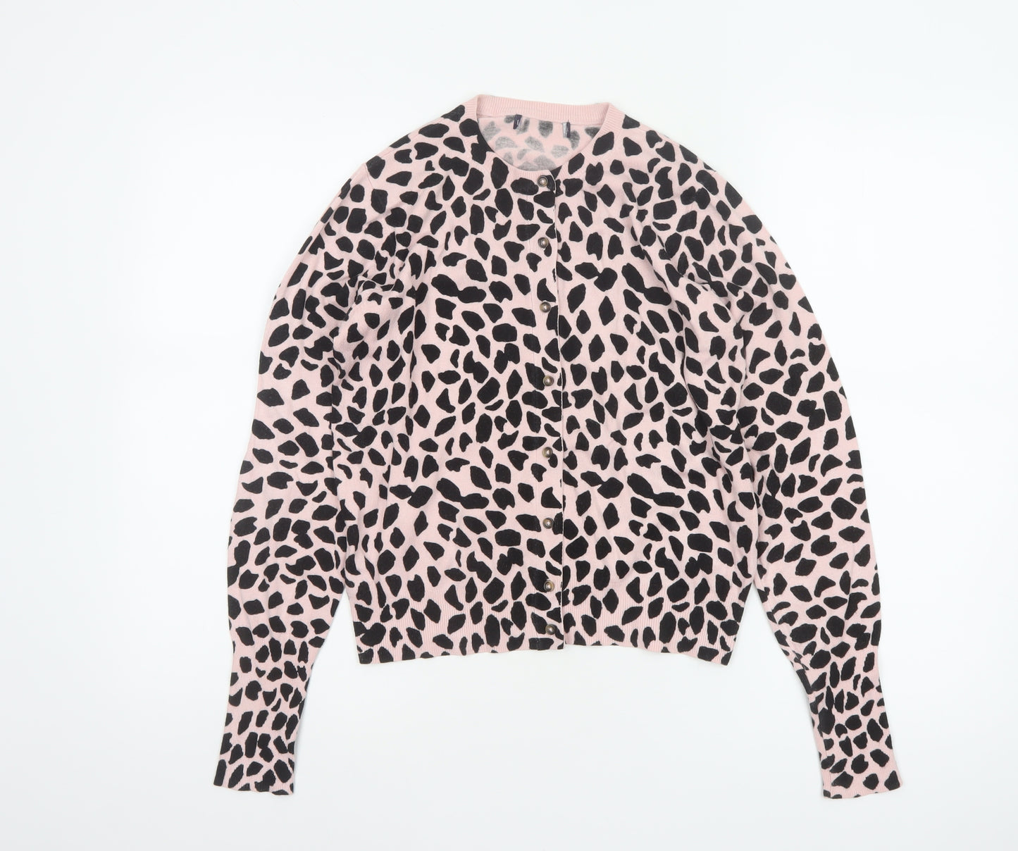M&S Women Pink Leopard Print Button Cardigan UK 10 Long Sleeve Knit