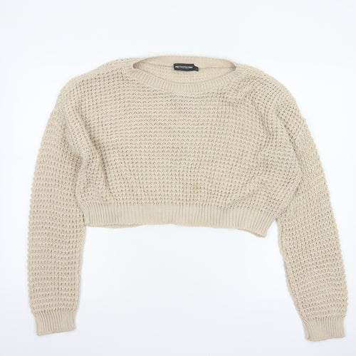 PrettyLittleThing Women Beige S Open-Knit Crew Neck Cropped Jumper