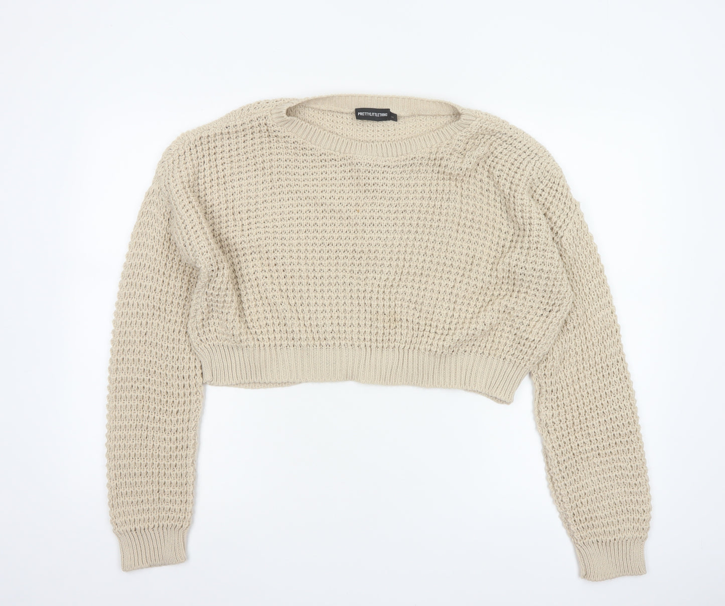 PrettyLittleThing Women Beige S Open-Knit Crew Neck Cropped Jumper