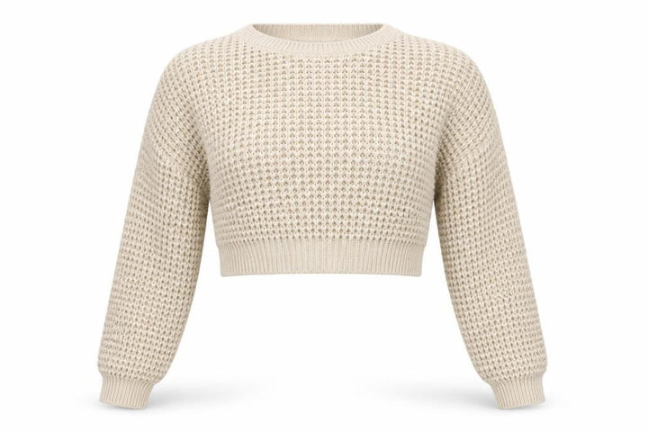 PrettyLittleThing Women Beige S Open-Knit Crew Neck Cropped Jumper
