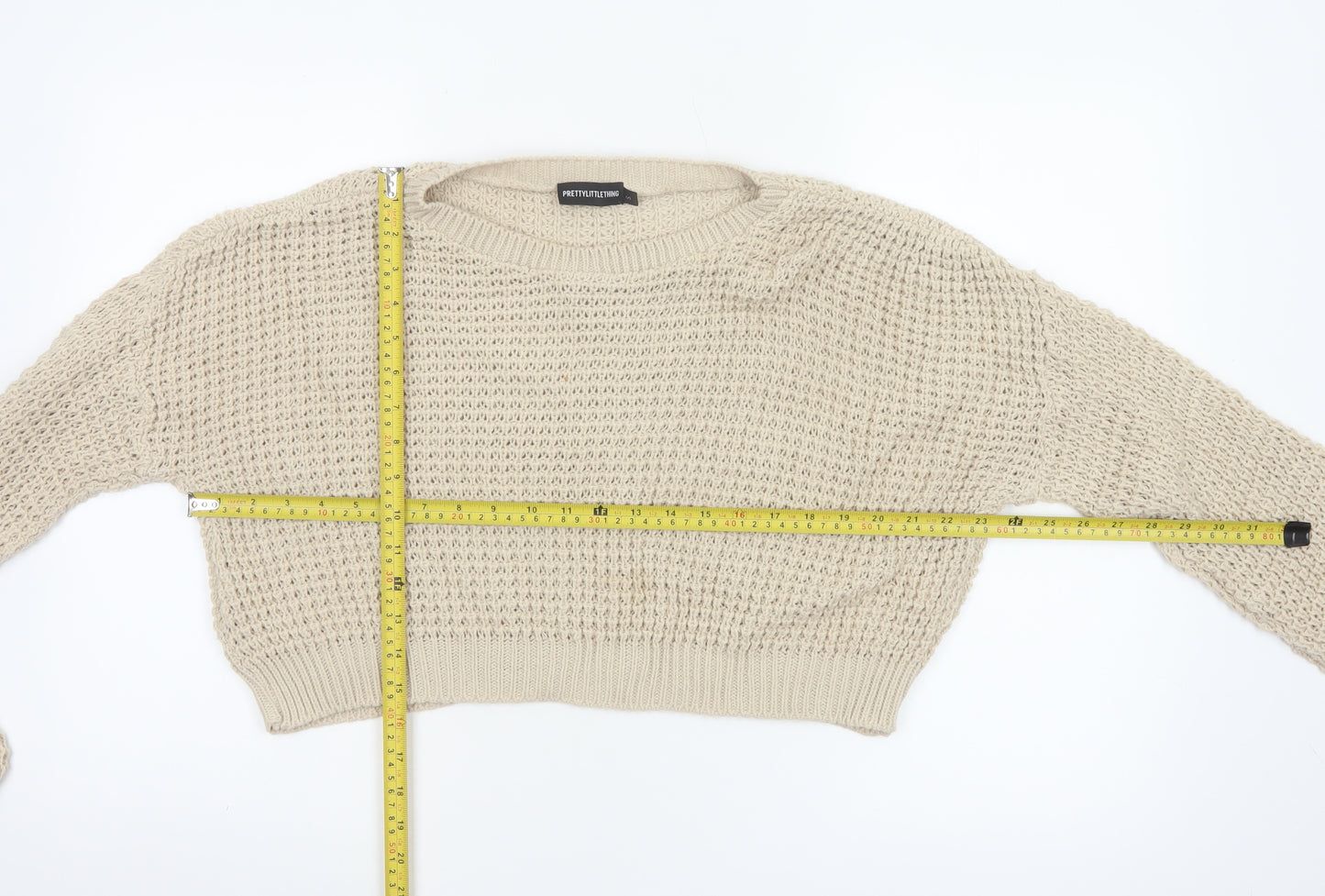 PrettyLittleThing Women Beige S Open-Knit Crew Neck Cropped Jumper