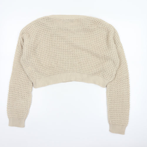 PrettyLittleThing Women Beige S Open-Knit Crew Neck Cropped Jumper