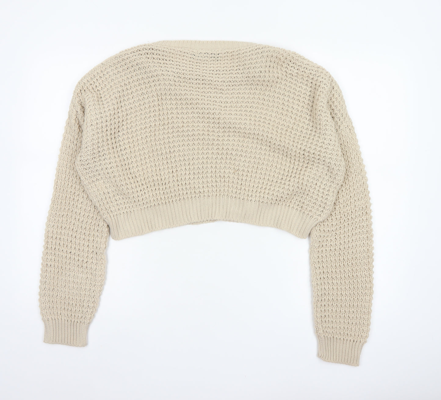 PrettyLittleThing Women Beige S Open-Knit Crew Neck Cropped Jumper