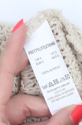 PrettyLittleThing Women Beige S Open-Knit Crew Neck Cropped Jumper