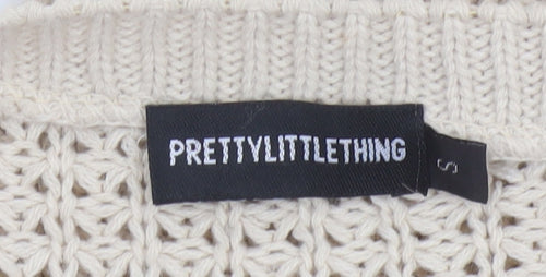 PrettyLittleThing Women Beige S Open-Knit Crew Neck Cropped Jumper