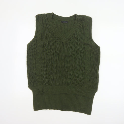 boohoo Women Green Cable Knit V-Neck Sleeveless Jumper Vest UK 10