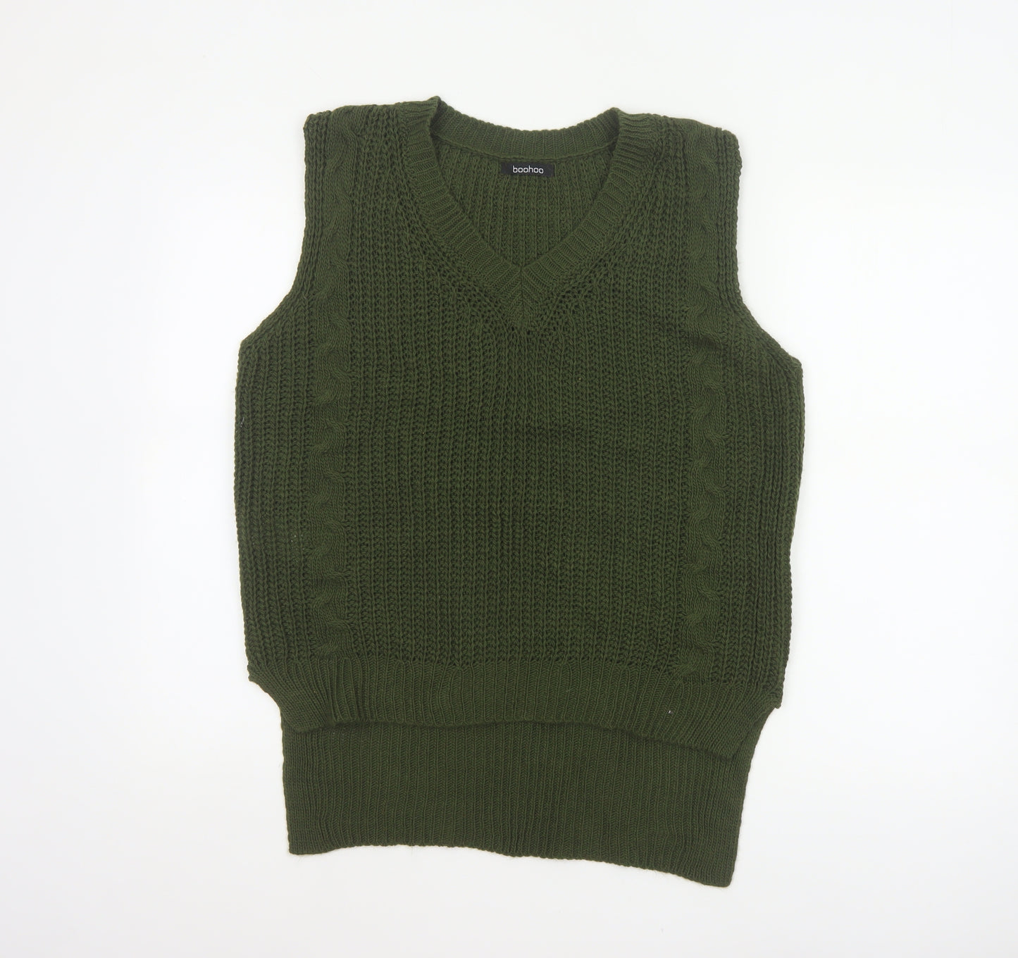 boohoo Women Green Cable Knit V-Neck Sleeveless Jumper Vest UK 10