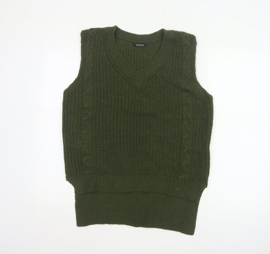 boohoo Women Green Cable Knit V-Neck Sleeveless Jumper Vest UK 10