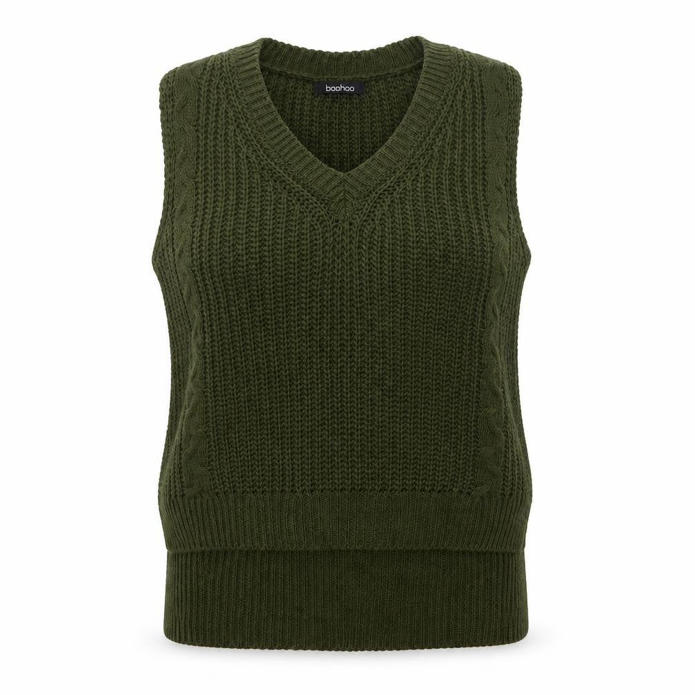 boohoo Women Green Cable Knit V-Neck Sleeveless Jumper Vest UK 10