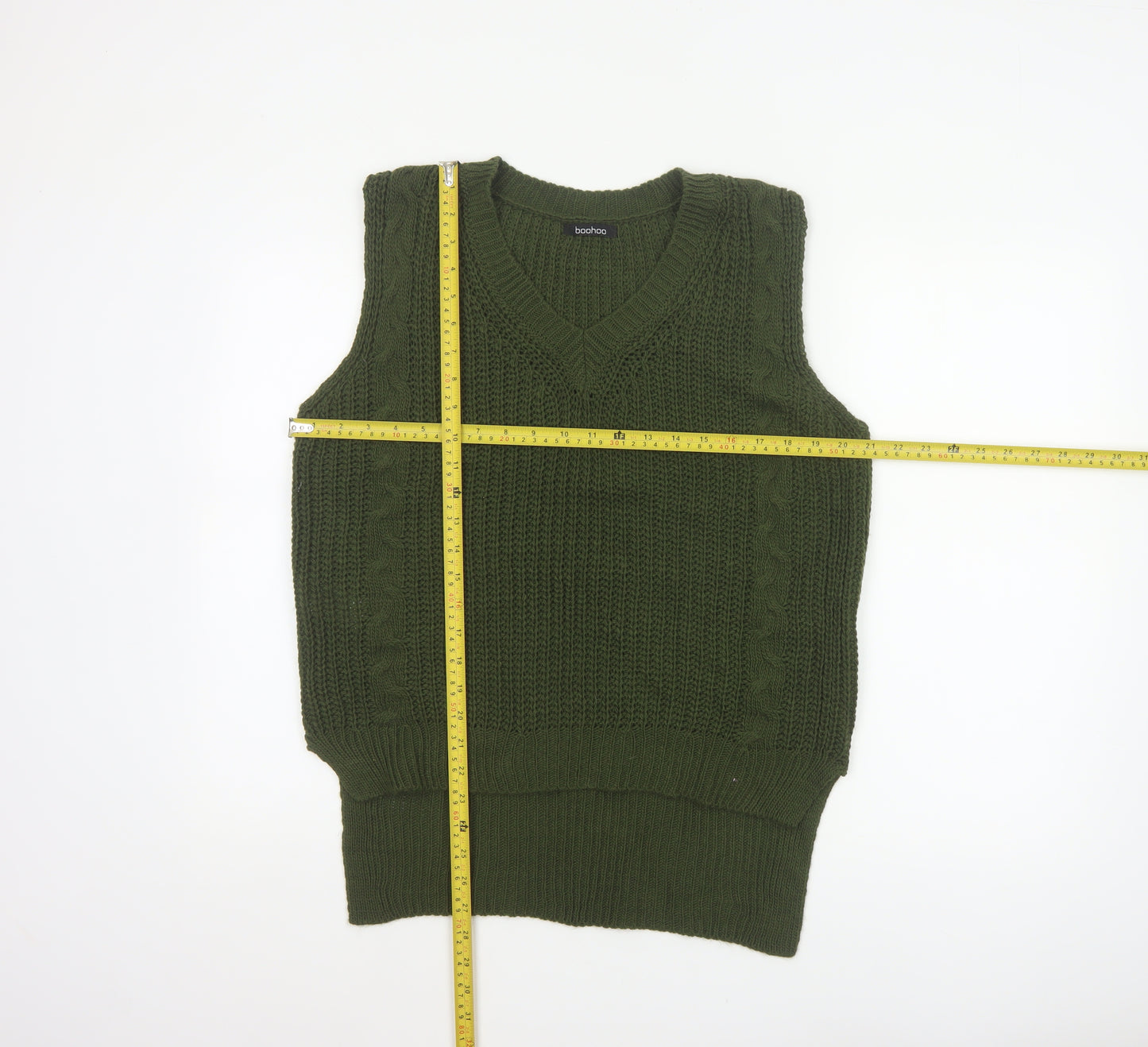 boohoo Women Green Cable Knit V-Neck Sleeveless Jumper Vest UK 10