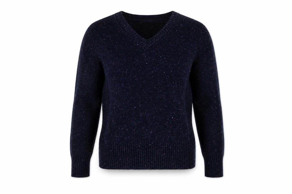 Front view of Marks & Spencer Women Blue UK 12 V-Neck Lambswool Blend Pullover