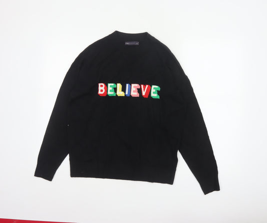 M&S Women’s Black M Believe Embroidered Mock Neck Knit Jumper