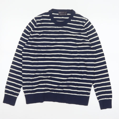 Marks and Spencer Women Blue UK 18 Merino Wool Striped Crew Neck Jumper