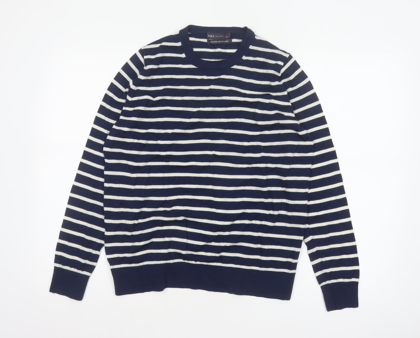 Marks and Spencer Women Blue UK 18 Merino Wool Striped Crew Neck Jumper
