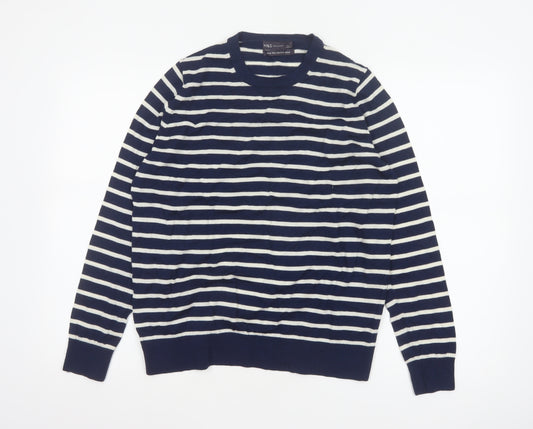 Marks and Spencer Women Blue UK 18 Merino Wool Striped Crew Neck Jumper