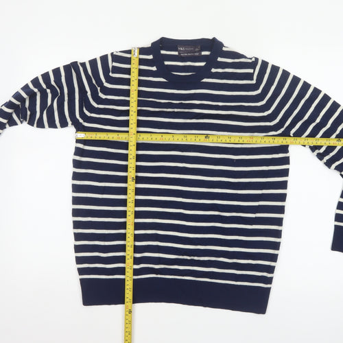 Marks and Spencer Women Blue UK 18 Merino Wool Striped Crew Neck Jumper
