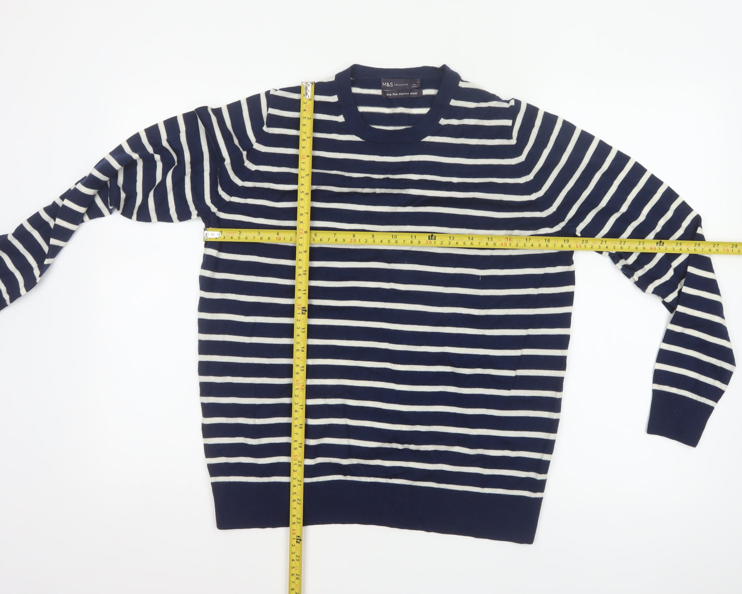 Marks and Spencer Women Blue UK 18 Merino Wool Striped Crew Neck Jumper
