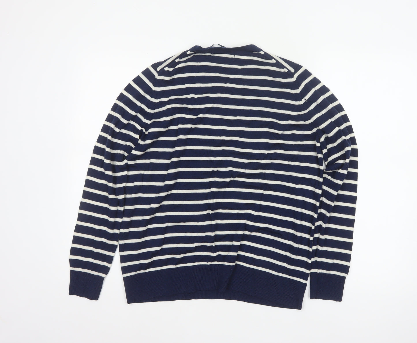 Marks and Spencer Women Blue UK 18 Merino Wool Striped Crew Neck Jumper