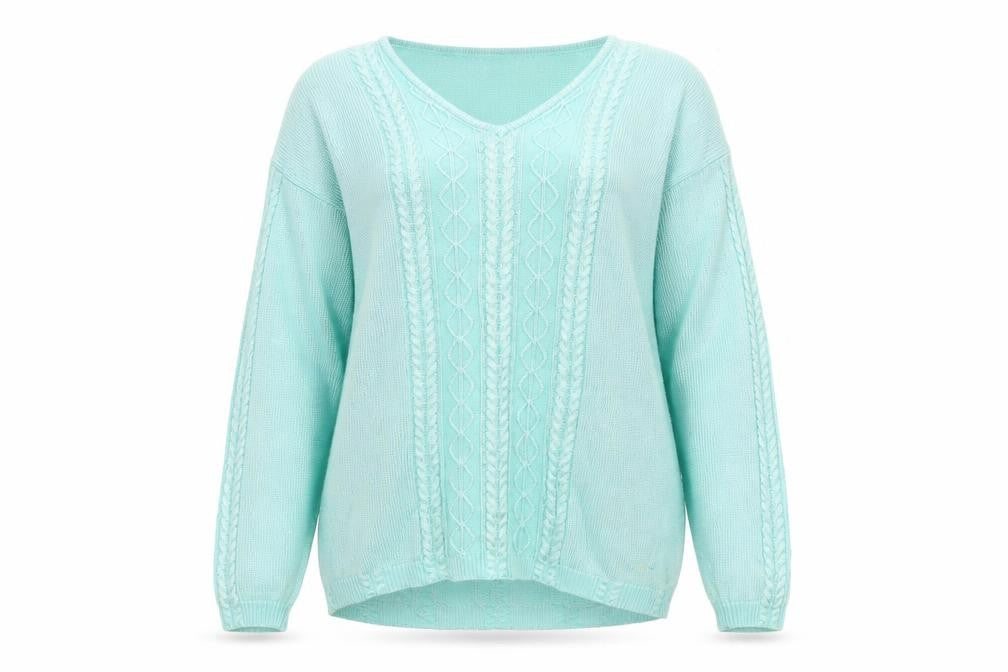 Front view of Jumper Women’s Blue M V-Neck Cable Knit Long Sleeve Pullover