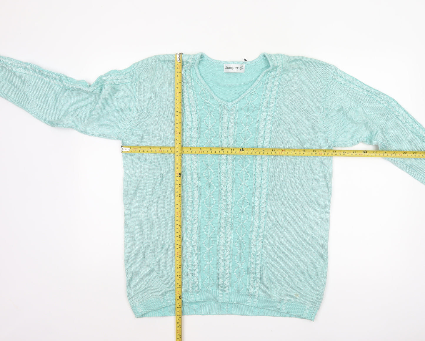 Jumper Women’s Blue M V-Neck Cable Knit Long Sleeve Pullover