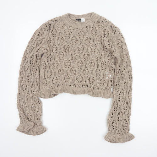 H&M Divided Women Beige S Cable Knit Open-Knit Cropped Pullover Jumper