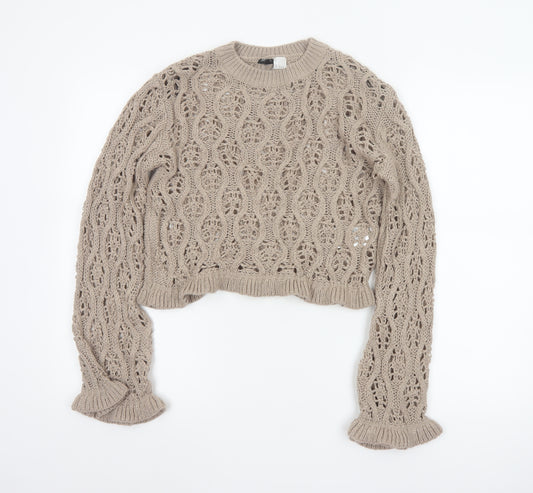 H&M Divided Women Beige S Cable Knit Open-Knit Cropped Pullover Jumper
