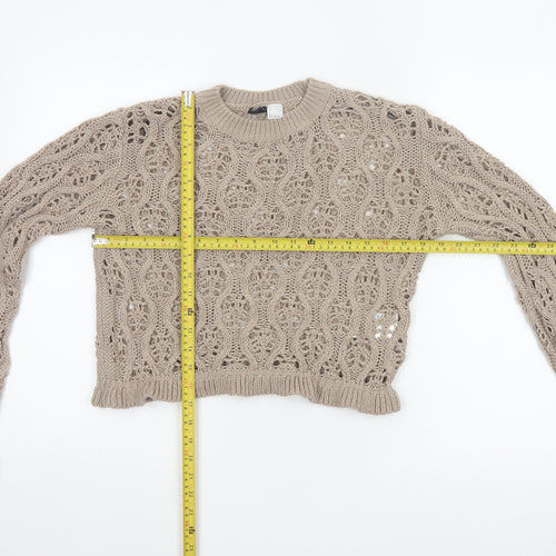 H&M Divided Women Beige S Cable Knit Open-Knit Cropped Pullover Jumper