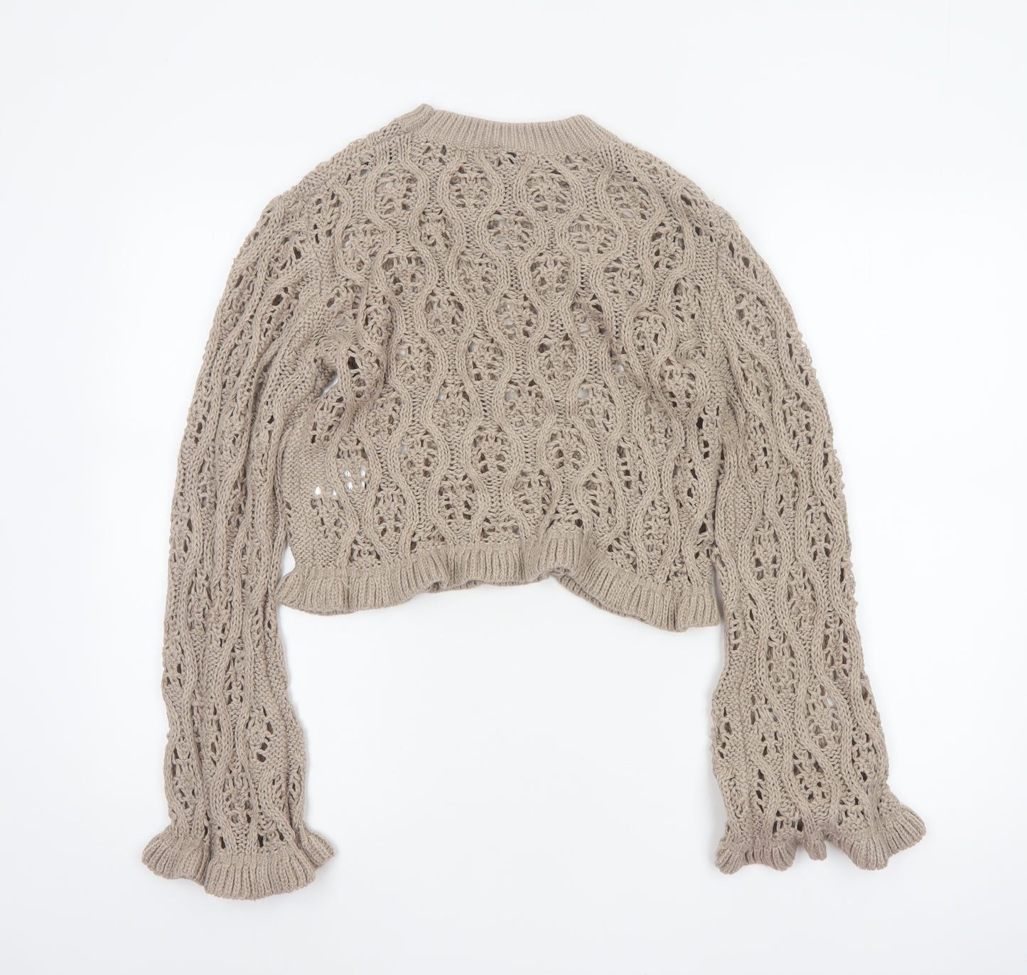 H&M Divided Women Beige S Cable Knit Open-Knit Cropped Pullover Jumper