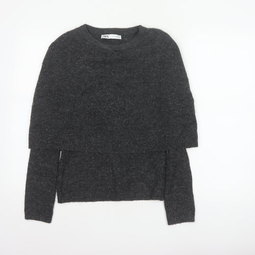 Zara Women Grey S Round Neck Knit Pullover Jumper Long Sleeve