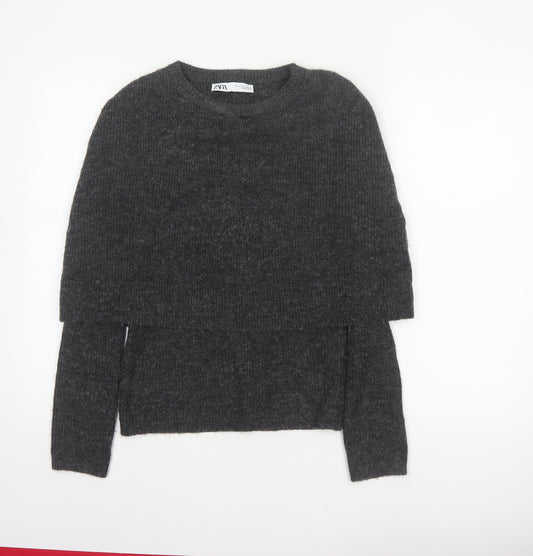 Zara Women Grey S Round Neck Knit Pullover Jumper Long Sleeve