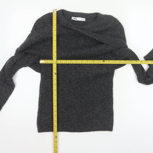 Zara Women Grey S Round Neck Knit Pullover Jumper Long Sleeve