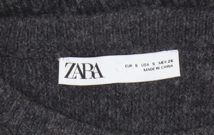 Zara Women Grey S Round Neck Knit Pullover Jumper Long Sleeve