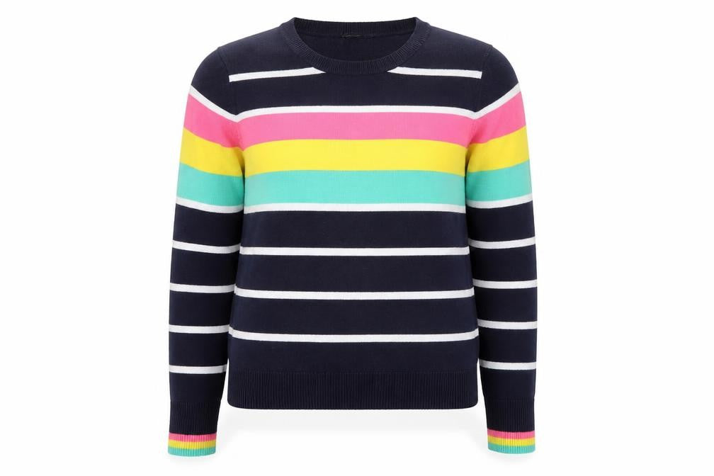 Front view of M&Co Women’s Blue Striped Crew Neck Knit jumper UK 14