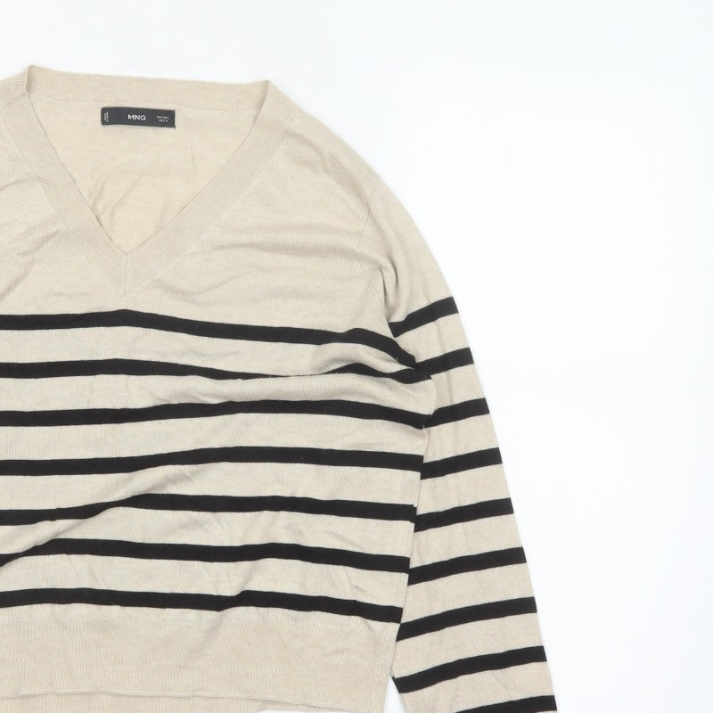 Mango Women Beige Black Striped V-Neck Knit Pullover Jumper UK 14