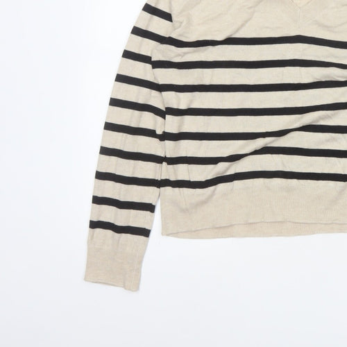 Mango Women Beige Black Striped V-Neck Knit Pullover Jumper UK 14